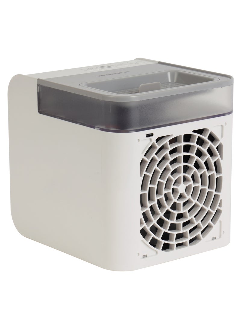 Mini Air Cooler Humidifier, 7-Color LED Light, Sponge Filter/ USB Charging, 3-in-1 Function, Humidifies, Purifies, Cools, Adjustable Directional Vent OMF1877 White