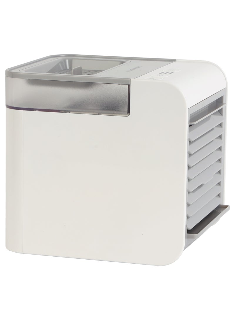 Mini Air Cooler Humidifier, 7-Color LED Light, Sponge Filter/ USB Charging, 3-in-1 Function, Humidifies, Purifies, Cools, Adjustable Directional Vent OMF1877 White