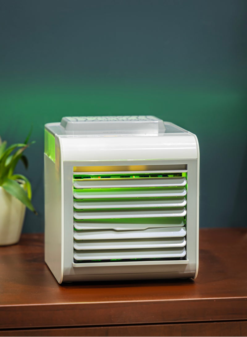 Mini Air Cooler Humidifier, 7-Color LED Light, Sponge Filter/ USB Charging, 3-in-1 Function, Humidifies, Purifies, Cools, Adjustable Directional Vent OMF1877 White