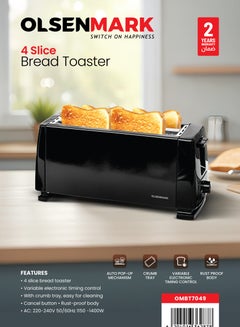 أولسنمارك 4 Slice Bread Toaster, Variable Electronic Timing Control, with Crumb Tray and Auto Pop Up Mechanism Perfect for Breads, Toast, Sandwiches, 2 Years Warranty 1400 W OMBT7049 Black  - Image 2