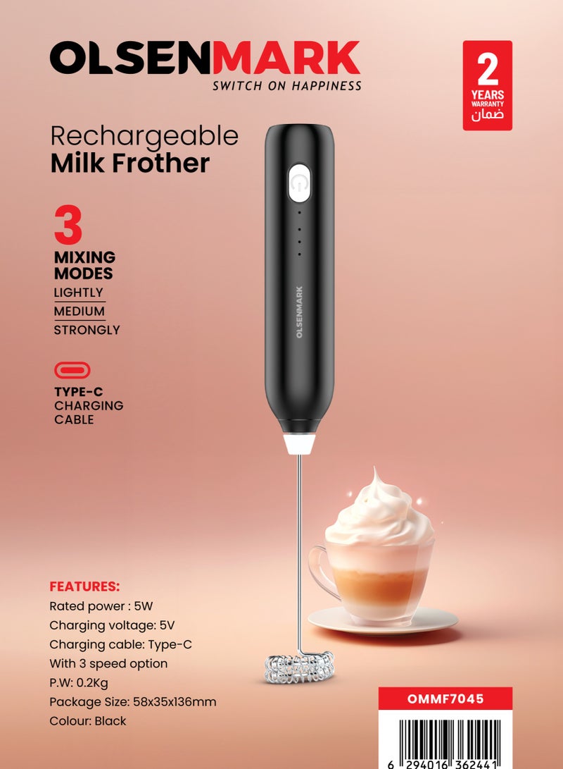 أولسنمارك Rechargeable Milk Frother - for High Speed Whisking, Ergonomic Grip with 3 Mixing Modes, Light, Medium and Strong/ Used for Milk, Coffee, Eggs, Sauces, Lattes, Hot Chocolates, Shakes/ For Kitchen Use, Light-Weight, 2 Year Warranty 1 L 5 W OMMF7045 Black - Image 1