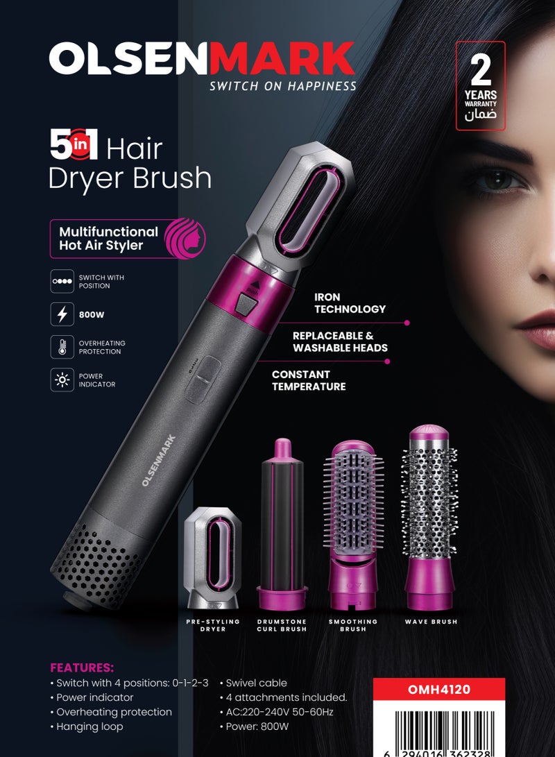 Olsenmark Olsenmark 800 W 5-in-1 Hair Dryer Brush OMH4120, Multifunctional Hot Air Style, 4 Attachments, Overheating Protection Perfect for Salon and at Home Styling with a Hang Up Hook, 2 Years Warranty, Black and Purple - Image 2