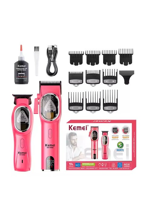 Professional Hair Clipper & Trimmer Set for Men – DLC Blade, LCD Display, Cordless Grooming Kit with Custom Engraving & Multiple Attachments pink