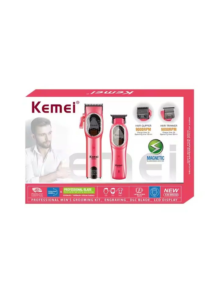 Professional Hair Clipper & Trimmer Set for Men – DLC Blade, LCD Display, Cordless Grooming Kit with Custom Engraving & Multiple Attachments pink