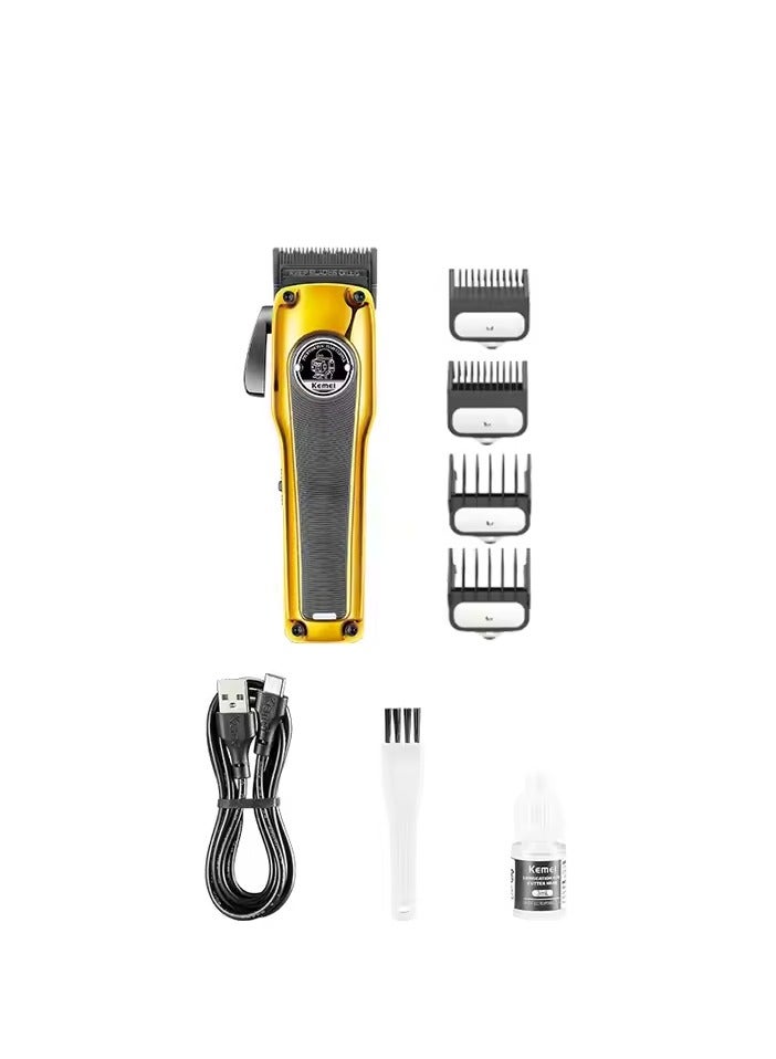 Kemei High-Performance Hair Clipper with 7000 RPM Motor, 4 Limit Combs, Oil, Brush, and USB Rechargeable Cable gold  - Image 3