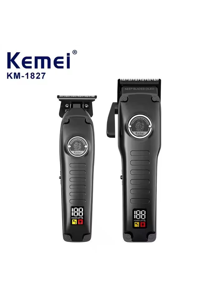 Kemei Rechargeable Professional Hair Clipper and Hair Trimmer ,Set x 2– Cordless USB Charging Salon Clipper Set with LCD Display & Powerful Coil Motor KM1827 Black  - Image 1