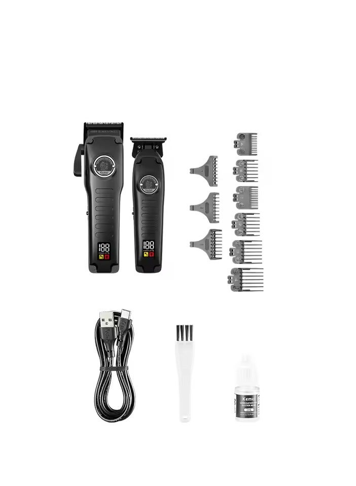 Kemei Rechargeable Professional Hair Clipper and Hair Trimmer ,Set x 2– Cordless USB Charging Salon Clipper Set with LCD Display & Powerful Coil Motor KM1827 Black  - Image 2