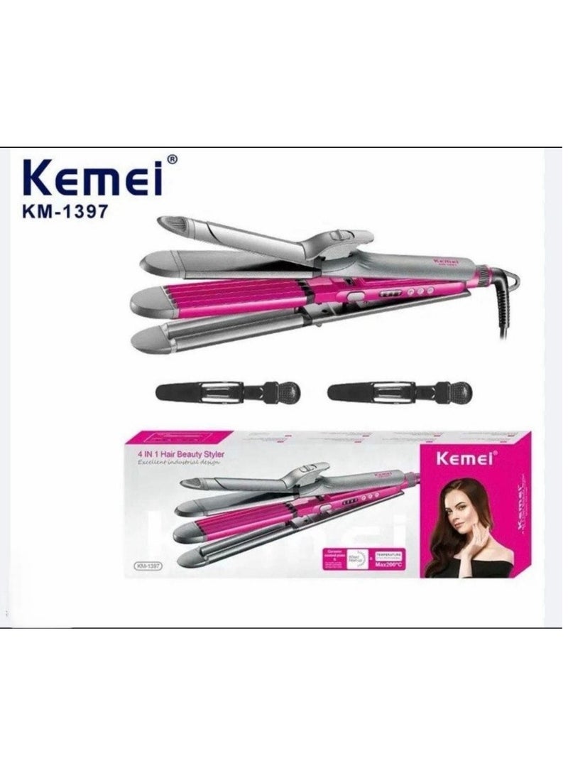 Kemei KM-1397 4-in-1 Professional Hair Styler Straightener, Curler, Crimper & Waver Ceramic Plates Adjustable Temperature Multicolour  - Image 4