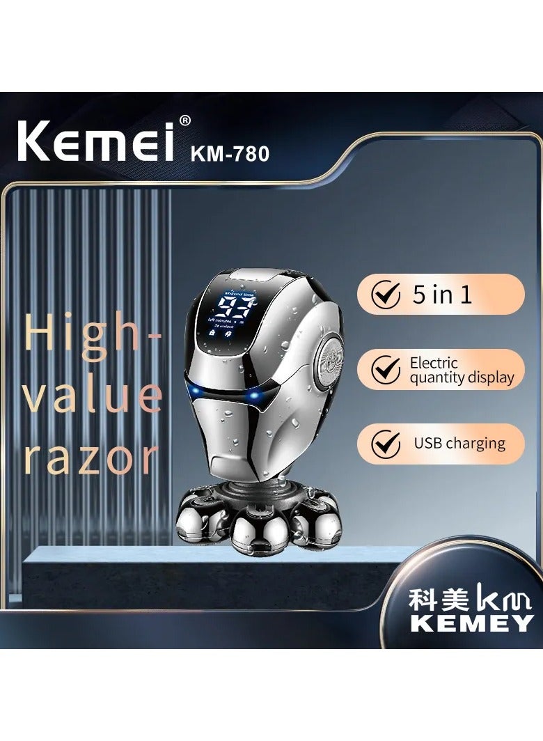 Kemei 5-in-1 Men's Grooming Kit – Electric Shaver with T-Blade, Nose Trimmer, Face Wash Brush, Massager & Precision Shaver, 60 Min Runtime, USB Rechargeable multicolour - Image 4
