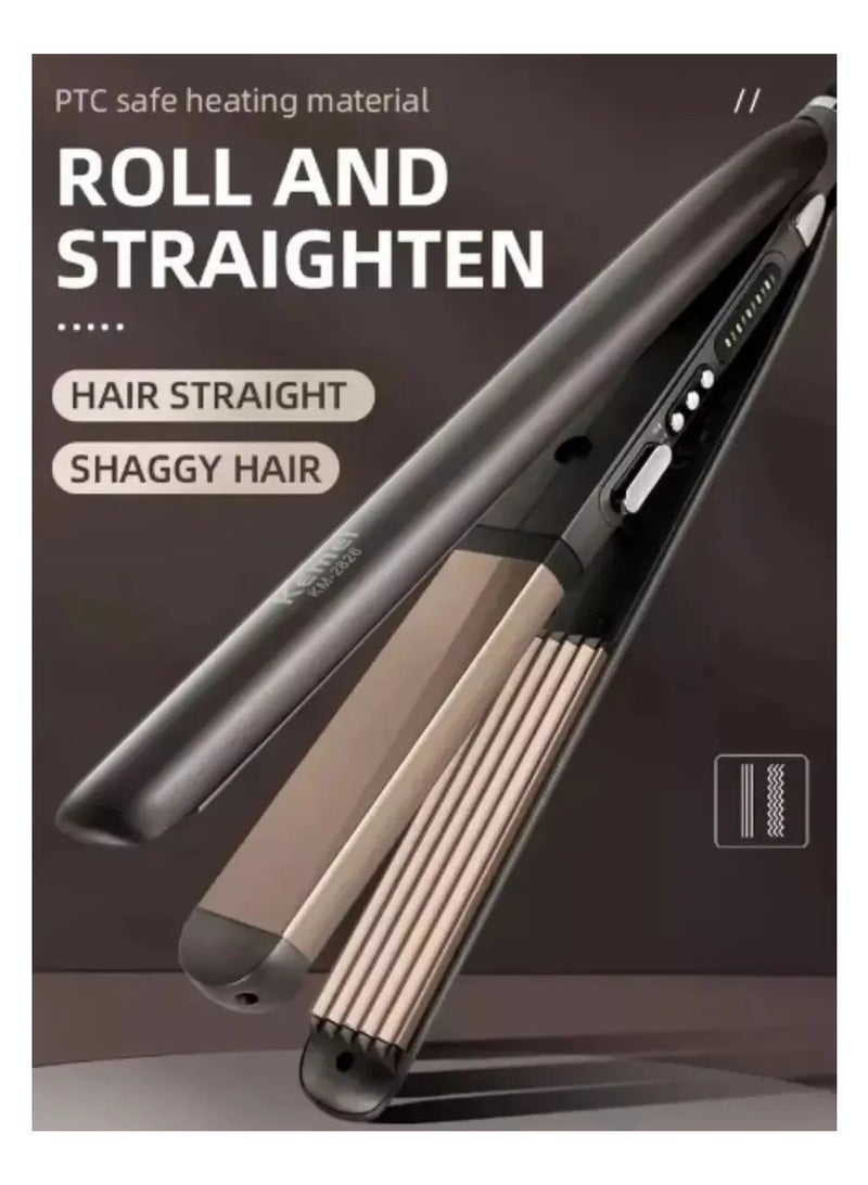 Kemei KEMEI 2-in-1 Hair Curler & Straightener – 60 Sec Fast Heat-Up, Max Temp 200°C – Dual Styling Tool for Smooth & Curly Hair Brown  - Image 1