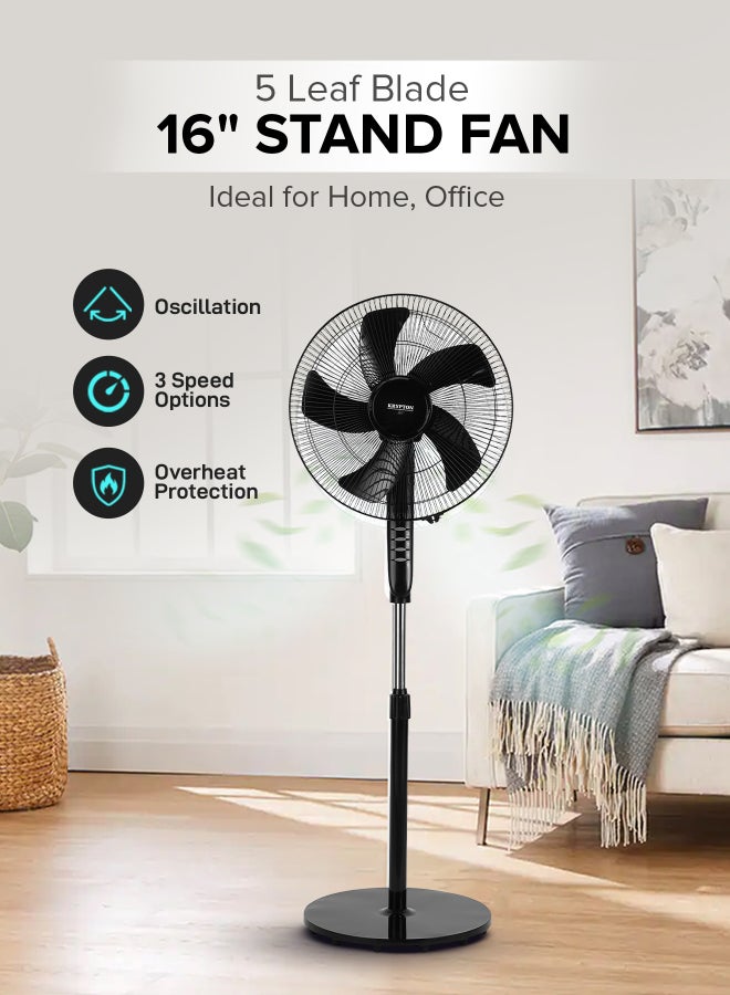 KRYPTON 16-Inch Stand Fan With 5-Leaf Blades, 3-Speed Control, Oscillation, Powerful Motor/Strong Safety Grill, Super Silent, Adjustable Height, Built In Safety Thermal Fuse/Suitable For Large Spaces, Home, Office, Super Strong Blades 50 W 50 W KNF6027 Black - Image 1