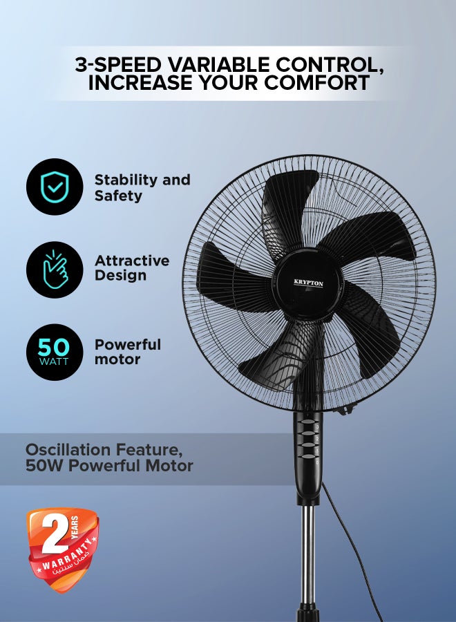 KRYPTON 16-Inch Stand Fan With 5-Leaf Blades, 3-Speed Control, Oscillation, Powerful Motor/Strong Safety Grill, Super Silent, Adjustable Height, Built In Safety Thermal Fuse/Suitable For Large Spaces, Home, Office, Super Strong Blades 50 W 50 W KNF6027 Black - Image 2