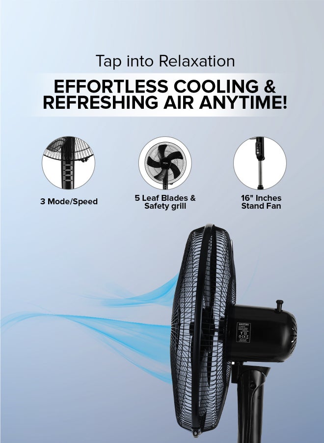KRYPTON 16-Inch Stand Fan With 5-Leaf Blades, 3-Speed Control, Oscillation, Powerful Motor/Strong Safety Grill, Super Silent, Adjustable Height, Built In Safety Thermal Fuse/Suitable For Large Spaces, Home, Office, Super Strong Blades 50 W 50 W KNF6027 Black - Image 3