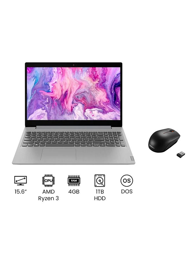 Lenovo IP S300 IdeaPad 3 Laptop With 15.6-Inch Full HD(1920X1080) Display, AMD Ryzen 3 3250U Processor/4GB RAM/1TB HDD/DOS(Without Windows)/AMD Radeon Graphics +Lenovo 300 Wireless Compact Mouse English/Arabic Platinum Grey  - Image 1