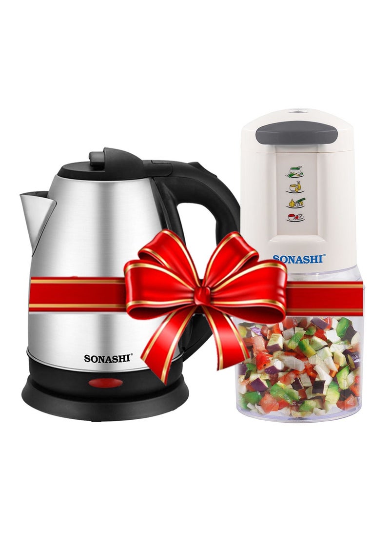 سوناشي غلاية بدون سلك سعة 1.8 لتر ومفرمة مطبخ | غلاية من الفولاذ المقاوم للصدأ مع طلاء رذاذ ومفرمة بشفرات فولاذية مزدوجة مع سرعتين | أفضل مجموعة للمطبخ SKT-1804 و SMC-22 - Image 1