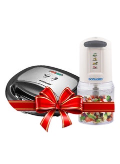 سوناشي 2 Slice Grill Maker and Kitchen Chopper | Non-Stick, Stainless Steel Sandwich Maker with Handle Locking System and Chopper with Double Stainless Steel Blades Mincer with 2 Speeds | Best Combo for Kitchen SGT-853N and SMC-22 750 W SGT-853N + SMC-22 Black & White  - Image 1