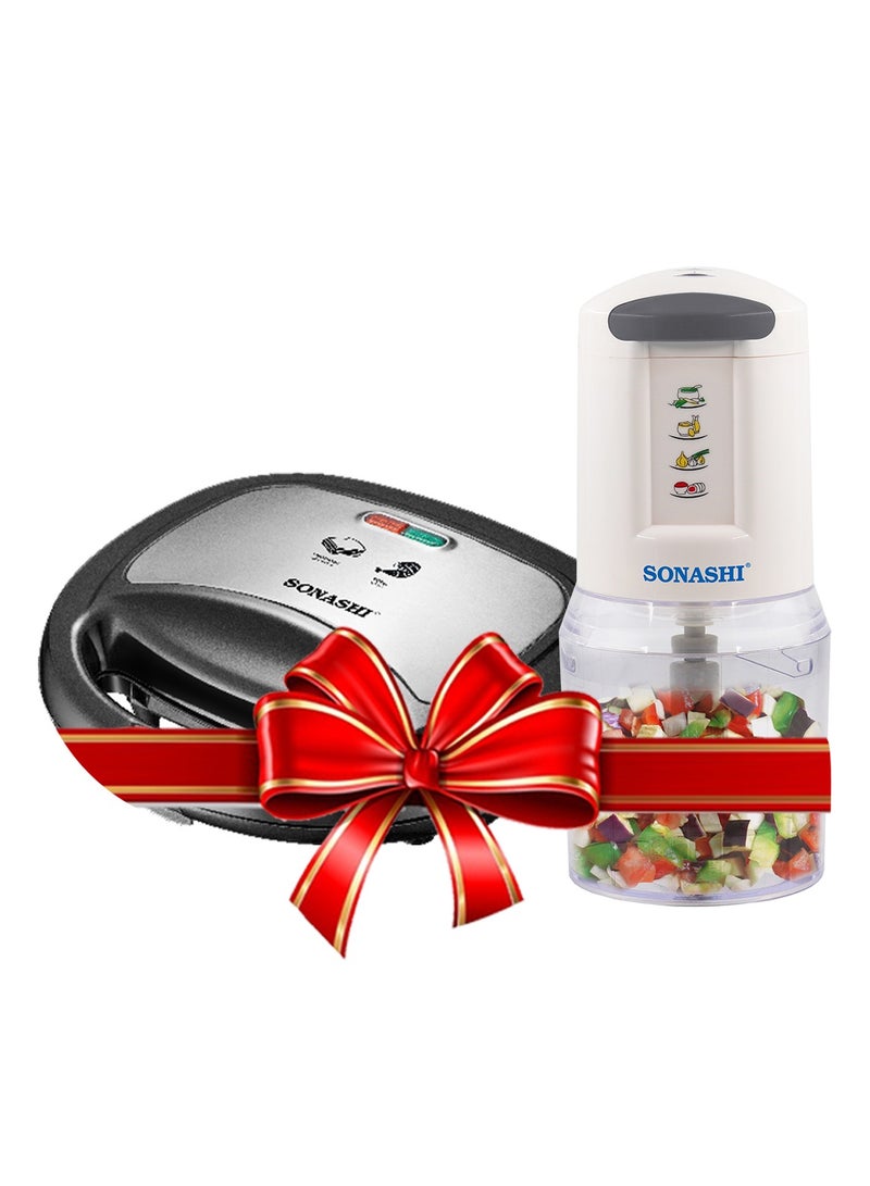 سوناشي 2 Slice Grill Maker and Kitchen Chopper | Non-Stick, Stainless Steel Sandwich Maker with Handle Locking System and Chopper with Double Stainless Steel Blades Mincer with 2 Speeds | Best Combo for Kitchen SGT-853N and SMC-22 750 W SGT-853N + SMC-22 Black & White  - Image 1