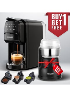 سوناشي 3 in 1 Digital Multi Capsule Coffee Machine - with 700ML Detachable Water Tank | 20 Bar Powerful Pressure with Smart Touch Control Panel and Indicator Light | 3 Optional Adaptors - Nespresso/Dolce Gusto/Coffee Powder and Auto Shut Off Options | Cafe Style Coffee Maker with FREE Multi-purpose Coffee Grinder 220ML | SCM-4985 Black/Silver 700 ml 1400 W SCM-4985 + SCG-4007 Black/Silver  - Image 1
