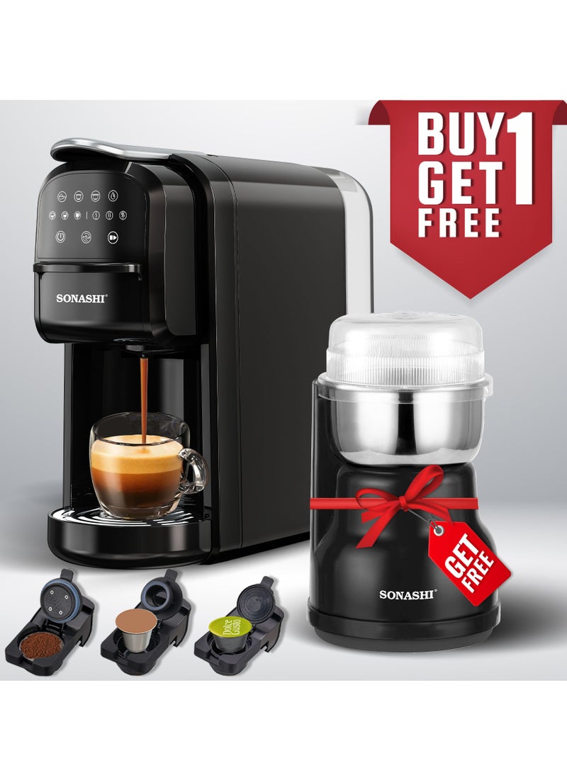 سوناشي 3 in 1 Digital Multi Capsule Coffee Machine - with 700ML Detachable Water Tank | 20 Bar Powerful Pressure with Smart Touch Control Panel and Indicator Light | 3 Optional Adaptors - Nespresso/Dolce Gusto/Coffee Powder and Auto Shut Off Options | Cafe Style Coffee Maker with FREE Multi-purpose Coffee Grinder 220ML | SCM-4985 Black/Silver 700 ml 1400 W SCM-4985 + SCG-4007 Black/Silver  - Image 1