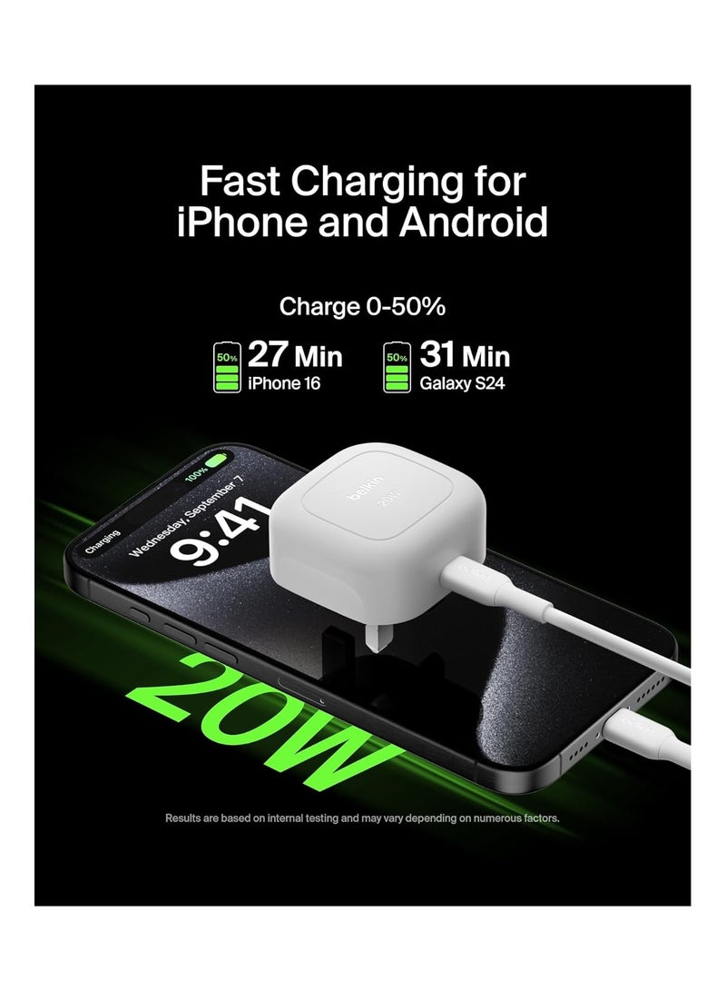 belkin BoostCharge 20W Cubic Wall Charger, USB-C Power Delivery Fast Charging For Apple iPhone 16, 16 Plus, 16 Pro, 16 Pro Max, 15, 14, Samsung Galaxy S25, S24, iPad, AirPods And More - White  - Image 2