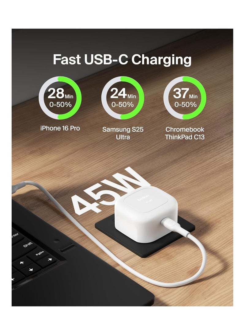 belkin Compact Wall Charger 45W + USB-C to USB-C Cable, Fast Charging For Apple iPhone 16, 15, 14, Plus, Pro, Pro Max, Samsung Galaxy S25 Series, S24, Pixel 9, iPad, AirPods, And More - White  - Image 2