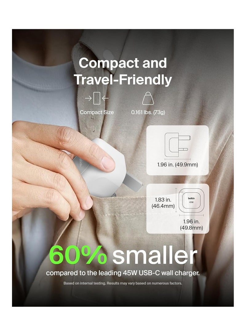belkin Compact Wall Charger 45W + USB-C to USB-C Cable, Fast Charging For Apple iPhone 16, 15, 14, Plus, Pro, Pro Max, Samsung Galaxy S25 Series, S24, Pixel 9, iPad, AirPods, And More - White  - Image 3