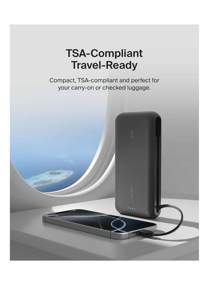 belkin Portable Charger, Power Bank With Integrated Cable 20K PD 30W - Fast Charging USB-C Power Delivery, Portable Charger For iPhone 16 Series, iPad Pro, Galaxy S25 Series, And More - Black - Image 5