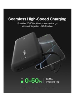 belkin 20000 mAh Portable Charger, Power Bank With Integrated Cable 20K PD 30W - Fast Charging USB-C Power Delivery, Portable Charger For iPhone 16 Series, iPad Pro, Galaxy S25 Series, And More - Black  - Image 2