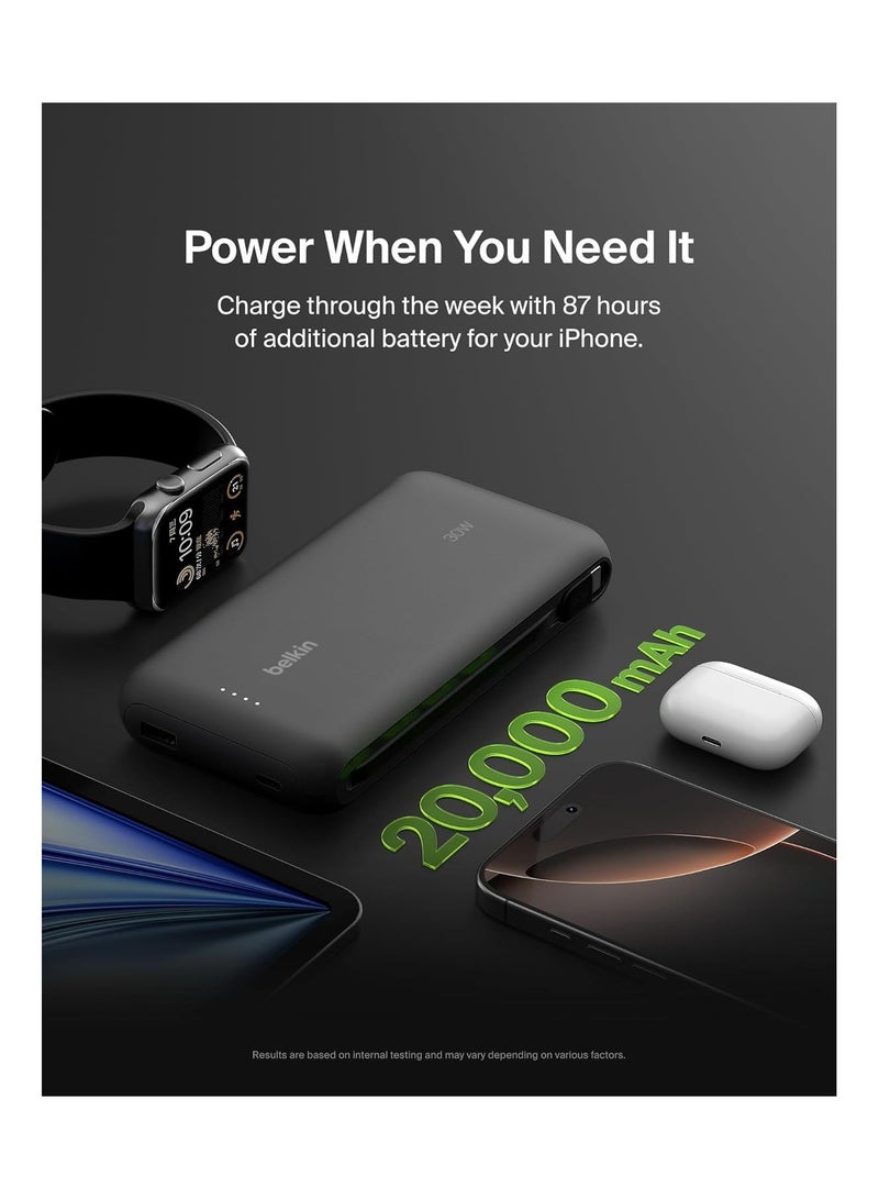 belkin Portable Charger, Power Bank With Integrated Cable 20K PD 30W - Fast Charging USB-C Power Delivery, Portable Charger For iPhone 16 Series, iPad Pro, Galaxy S25 Series, And More - Black - Image 3