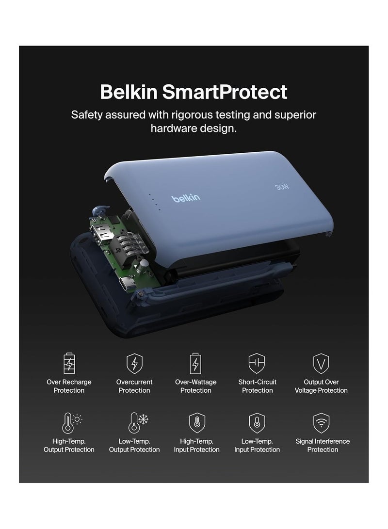 belkin - 20000 mAh Portable Charger, Power Bank with Integrated Cable 20K PD 30W - Fast Charging USB-C Power Delivery, Portable Charger For iPhone 16 Series, iPad Pro, Galaxy S25 Series, And More - Blue - Image 1