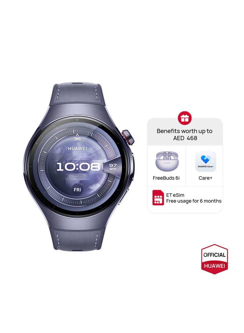 هواوي Watch 5 46mm Smartwatch, Multi-sensing X-TAP technology, Real-Time Fingertip Blood Oxygen, eSIM, 2-Battery Modes, Intuitive Smart Gestures, Compatible with iOS & Android + FOC Purple  - Image 1