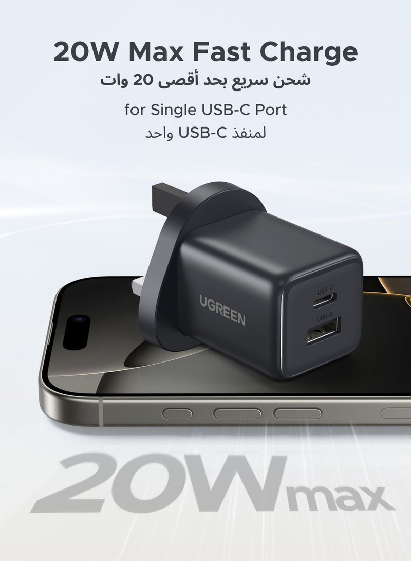 Ugreen 20W Charger USB Type C GaN Dual Ports 1C1A Fast Charging iPhone Charger Adapter Safe Charging And Portable Size Compatible With iPhone 16, 15 Series Tablet, Apple Watch, AirPods, DJI Pocket, Samsung - Black  - Image 3