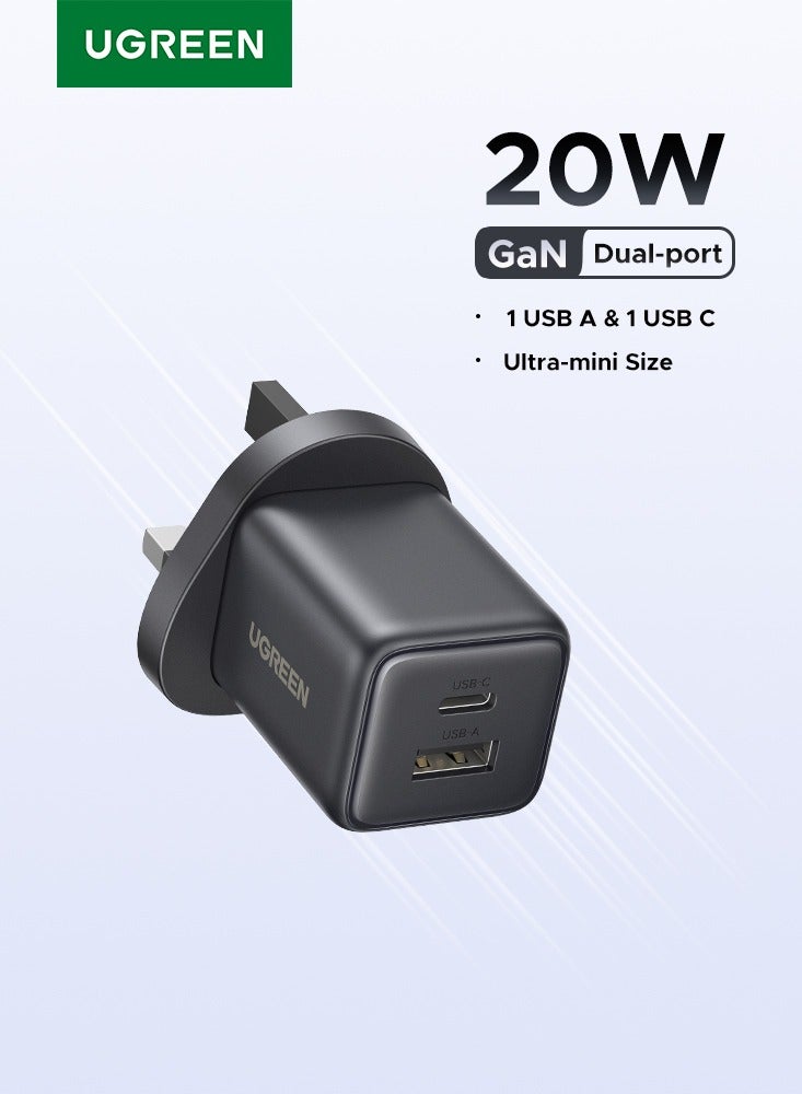 Ugreen 20W Charger USB Type C GaN Dual Ports 1C1A Fast Charging iPhone Charger Adapter Safe Charging And Portable Size Compatible With iPhone 16, 15 Series Tablet, Apple Watch, AirPods, DJI Pocket, Samsung - Black  - Image 1