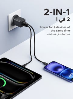 يو جرين شاحن 20 وات GaN يو إس بي تايب سي  ثنائي المنافذ 1C1A شحن سريع محول شاحن آيفون شحن آمن وحجم محمول متوافق مع  آيفون 16 و15 Series تايليت وساعة آبل وسماعات ايربودزو دي جي آي وسامسونج أسود  - Image 2
