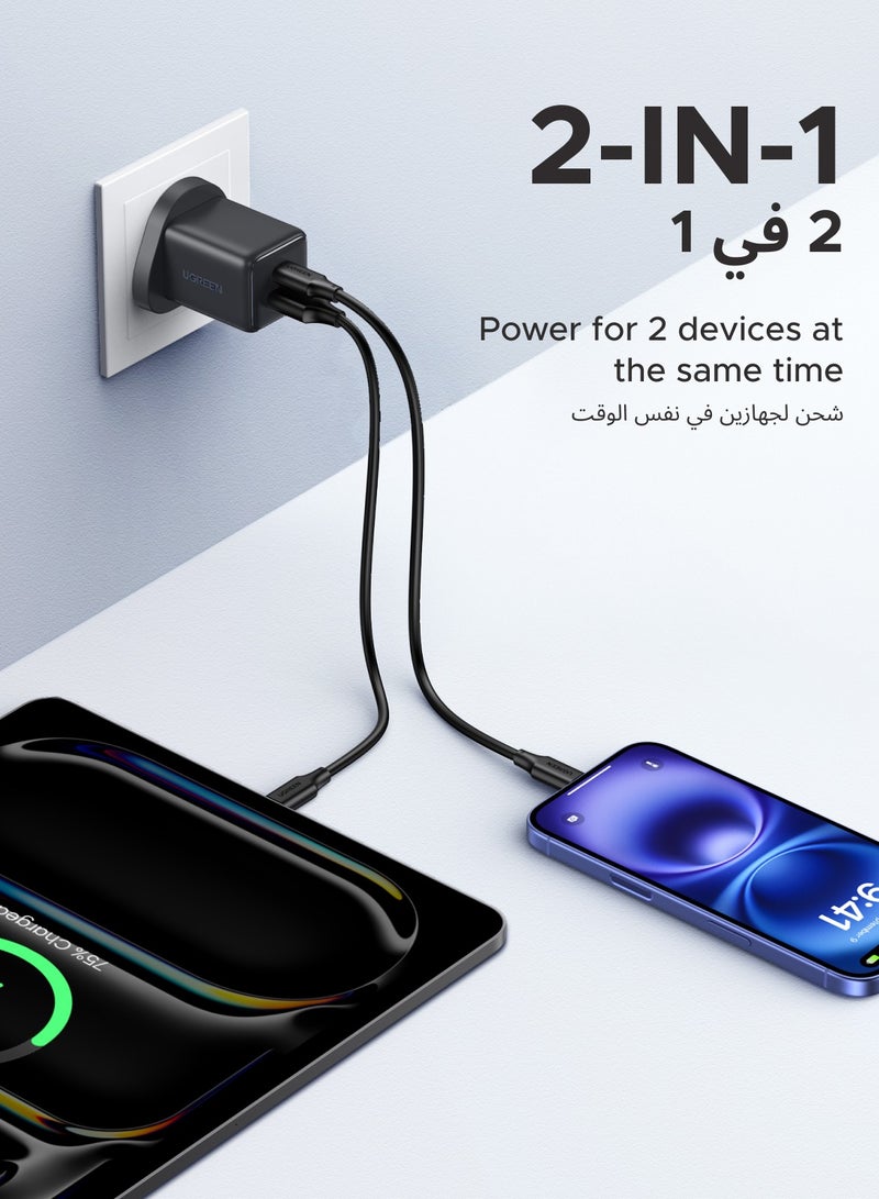 Ugreen 20W Charger USB Type C GaN Dual Ports 1C1A Fast Charging iPhone Charger Adapter Safe Charging And Portable Size Compatible With iPhone 16, 15 Series Tablet, Apple Watch, AirPods, DJI Pocket, Samsung - Black  - Image 2