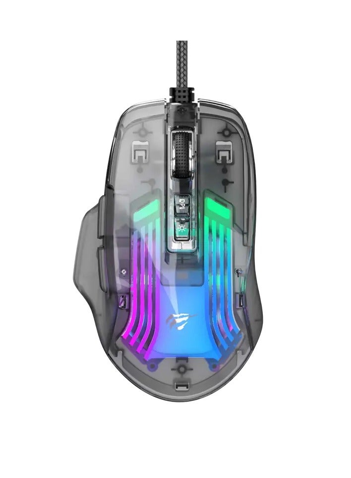 havit Wired gaming mouse USB 7200 DPI - RGB Transparent black model HV-MS1011SE  - Image 1