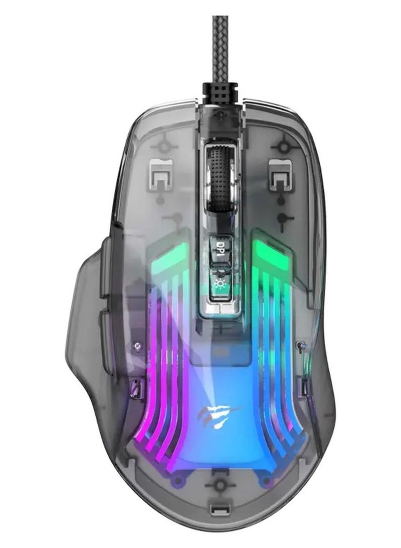 havit Wired gaming mouse USB 7200 DPI - RGB Transparent black model HV-MS1011SE - Image 1