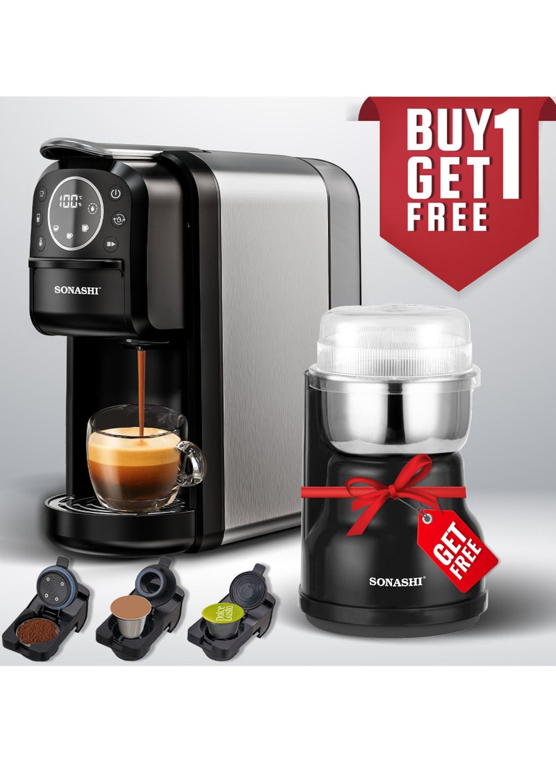 سوناشي 3 in 1 Digital Multi Capsule Coffee Machine - with 700ML Detachable Water Tank | 20 Bar Powerful Pressure with Smart Touch Control Panel and Indicator Light | 3 Optional Adaptors - Nespresso/Dolce Gusto/Coffee Powder and Auto Shut Off Options | Cafe Style Coffee Maker with FREE Multipurpose Coffee Grinder 220ML | SCM-4984 Black 700 ml 1400 W SCM-4984 Black  - Image 1