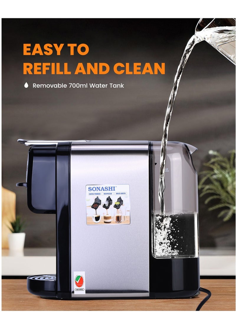سوناشي 3 in 1 Digital Multi Capsule Coffee Machine - with 700ML Detachable Water Tank | 20 Bar Powerful Pressure with Smart Touch Control Panel and Indicator Light | 3 Optional Adaptors - Nespresso/Dolce Gusto/Coffee Powder and Auto Shut Off Options | Cafe Style Coffee Maker with FREE Multipurpose Coffee Grinder 220ML | SCM-4984 Black 700 ml 1400 W SCM-4984 Black  - Image 5
