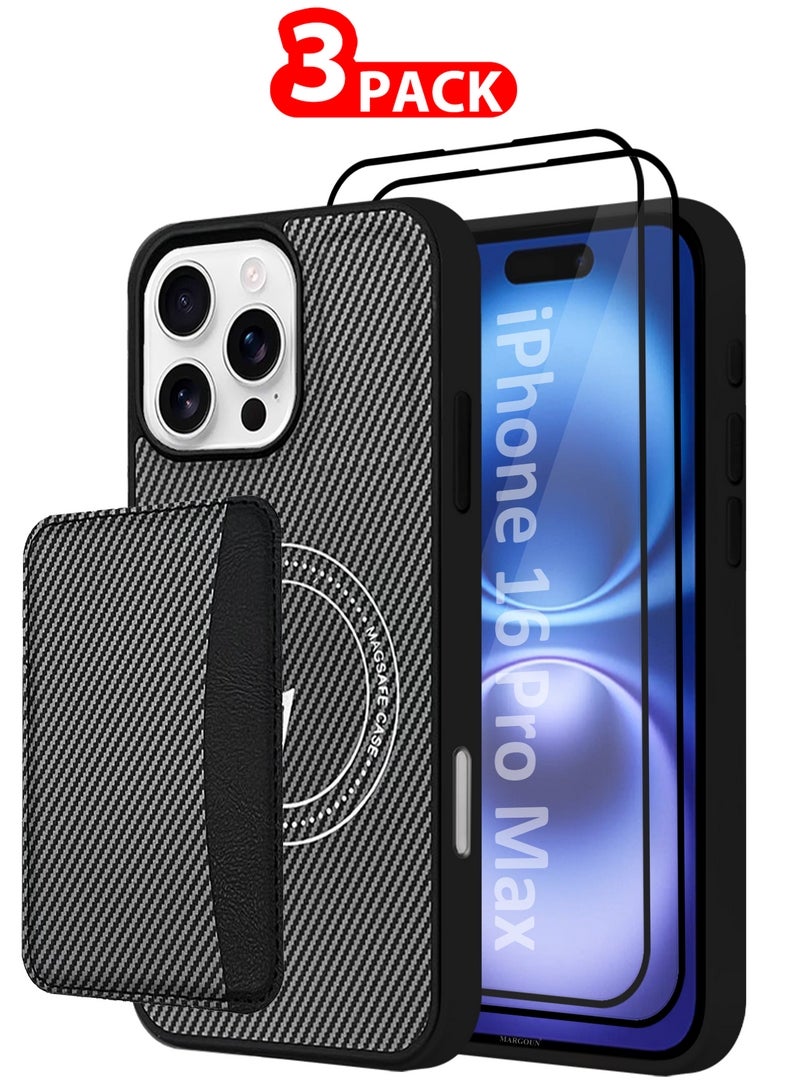 MARGOUN iPhone 16 Pro Max Case Leather 3Packs Antifingerprint Cover with Detachable Wallet Card Slot Shell Insert Card Holder Anti Fall Protection Carbon Fiber Design with Two 3D Screen Protectors Black-3  - Image 1