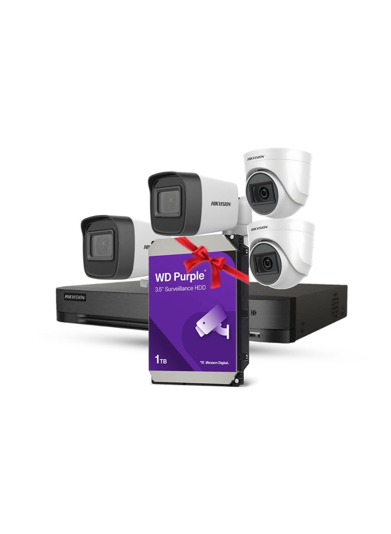 HIKVISION 2Mp Indoor Fixed 2 Camera + Mini Bullet 2Mp Outdoor Fixed 2 Camera + Hikvision 4-Channel Dvr (Digital Video Recorder) From The Turbo Hd Series. + Wd Hard Drive Specially Designed For Security Video Recording Systems.1Tb (Purple) + Power Adapter 12V 5Amp + Rg59 Cable Coaxial Cable Designed For Use In Video Surveillance (Cctv) Systems.  - Image 1