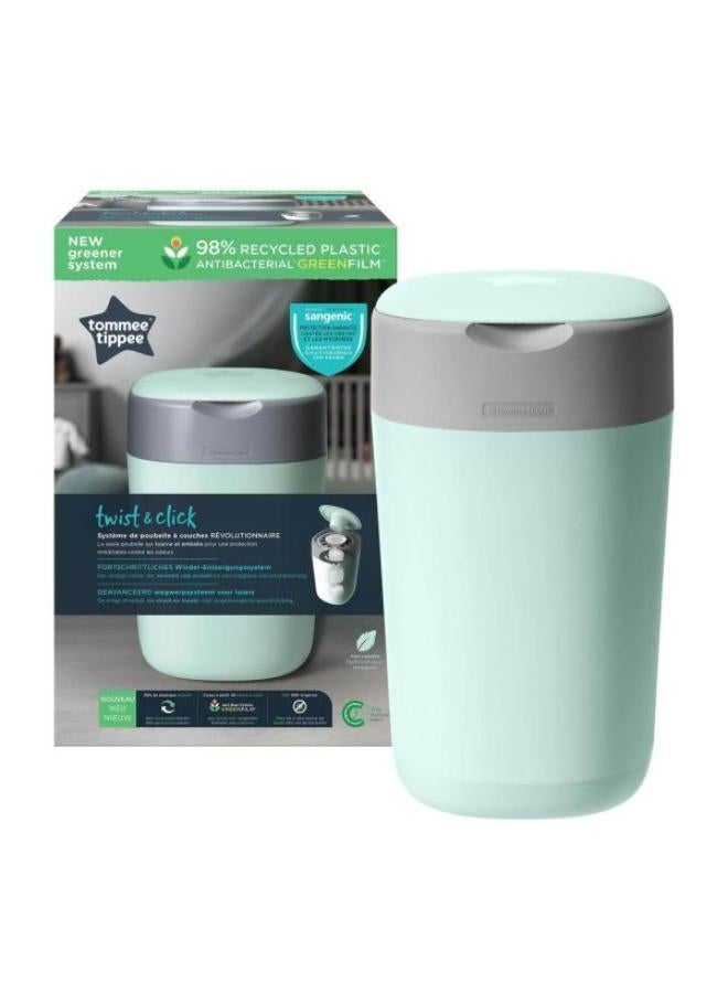 تومي تيبي Twist And Click Advanced Nappy Bin, Eco-Friendlier System, Includes 1x Refill Cassette With Sustainably Sourced Antibacterial Greenfilm, Green - Image 1