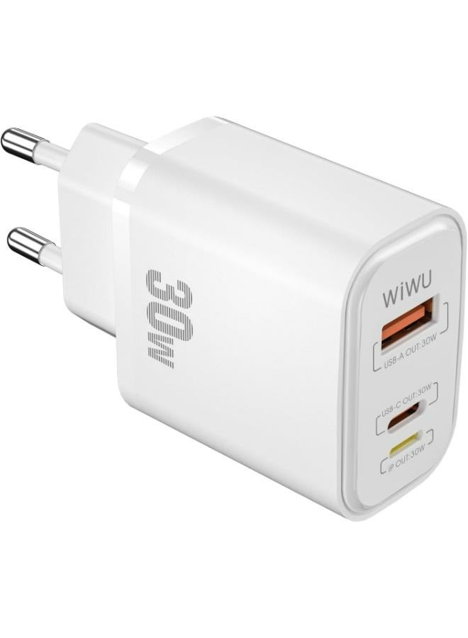 WIWU Wi-U021 SiC PD+QC Fast charger 30W 3 Port (1 USB-C+ 1 Lightning + 1 USB-A) white - Image 1