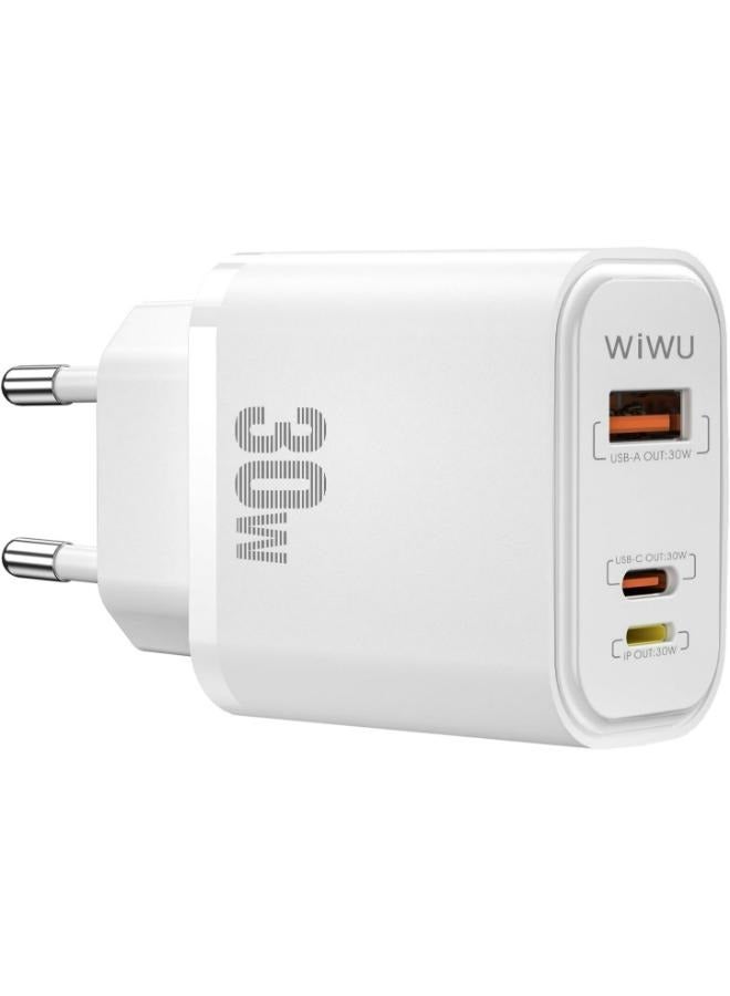 WIWU Wi-U021 SiC PD+QC Fast charger 30W 3 Port (1 USB-C+ 1 Lightning + 1 USB-A) white - Image 3