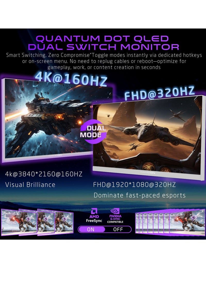 جايم أون 27" Inch Dual Switch Gaming Monitor (1920x1080) FHD, Fast IPS Panel, 160/320Hz Refresh Rate, Response Time 0.5ms, HDMI 2.1, G-Sync & Free Sync, Support PS5 - GOSX27W | White  - Image 4