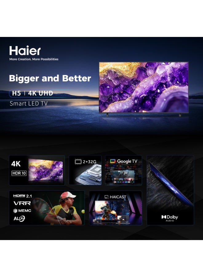 هاير - 65 Inch 4K UHD Smart Google TV | Dolby Audio | HDR 10 | Gaming MEMC Processor | 2+32GB RAM/ROM | Variable Refresh Rate | Auto Low Latency Mode | Premium Bezel-less Design - H65H5F Black H5F black - Image 1