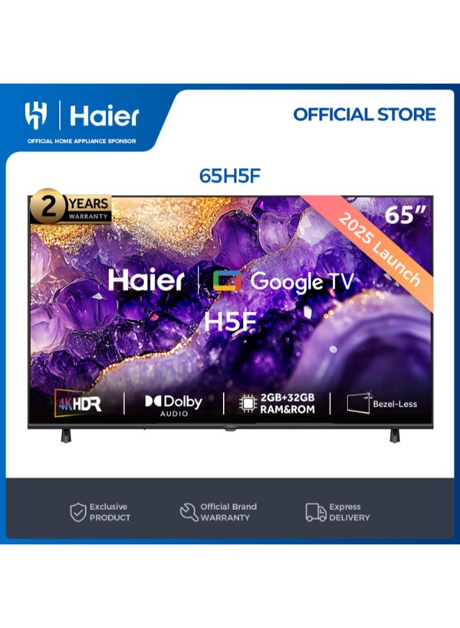 هاير تلفاز جوجل الذكي 65 بوصة 4K UHD | صوت دولبي | HDR 10 | معالج ألعاب MEMC | 2+32 جيجابايت RAM/ROM | معدل تحديث متغير | وضع تأخير منخفض تلقائي | تصميم فاخر بدون حواف - H65H5F أسود - Image 1