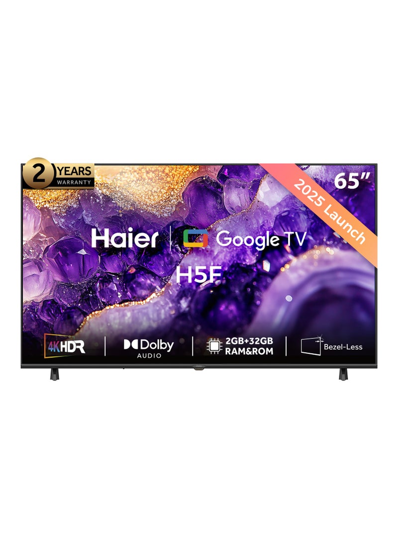 هاير تلفاز جوجل الذكي 65 بوصة 4K UHD | صوت دولبي | HDR 10 | معالج ألعاب MEMC | 2+32 جيجابايت RAM/ROM | معدل تحديث متغير | وضع تأخير منخفض تلقائي | تصميم فاخر بدون حواف - H65H5F أسود - Image 1