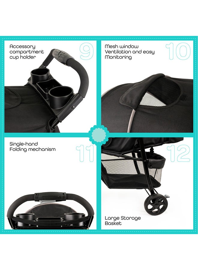 Metro Urban Baby Stroller – One-Hand Fold, Safety Lock, Dual Tray, Adjustable Leg Rest, Multi-Recline, Lightweight And Compact, Suitable 0m+ to 18kg – Black