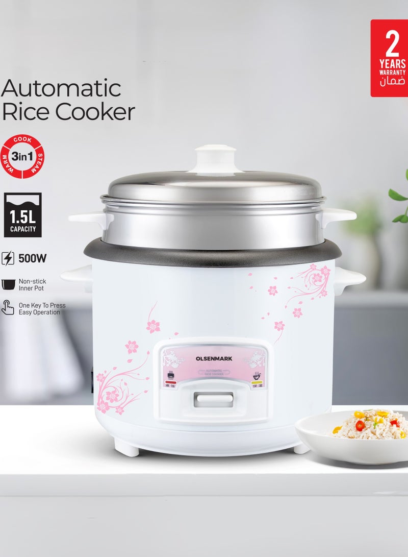 أولسنمارك 3 IN 1 Automatic Rice Cooker 500W - OMRC7026, 1.5L Capacity, Cook, Steam and Keep Warm, Aluminum Non-Stick Inner Pot 1.5 L 500 W OMRC7026 WHITE  - Image 1
